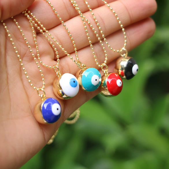 Women's Gold Plated Copper Geometric Evil Eye Pendant Necklace With Colorful Enamel Detail And Ball Chain