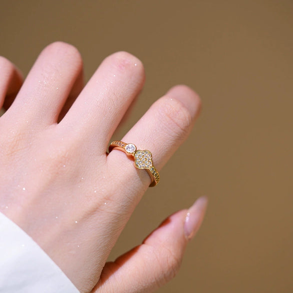 Women's Gold Plated Copper Geometric Four Leaf Clover Inlaid Zircon Adjustable Ring