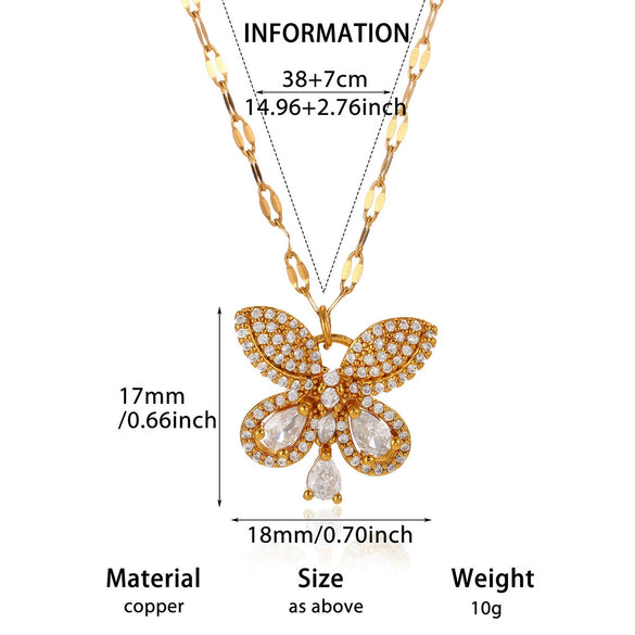 Women's Gold Plated Copper Zircon Flower And Butterfly Necklace With Leaf And Heart Details Light Luxury Oshaped Chain Jewelry