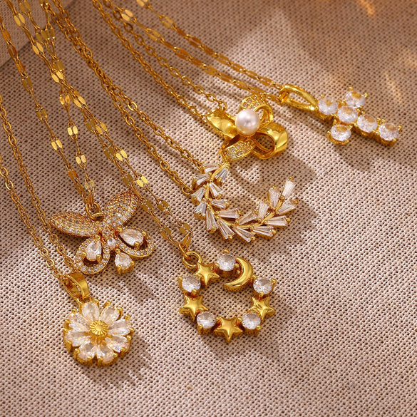 Women's Gold Plated Copper Zircon Flower And Butterfly Necklace With Leaf And Heart Details Light Luxury Oshaped Chain Jewelry