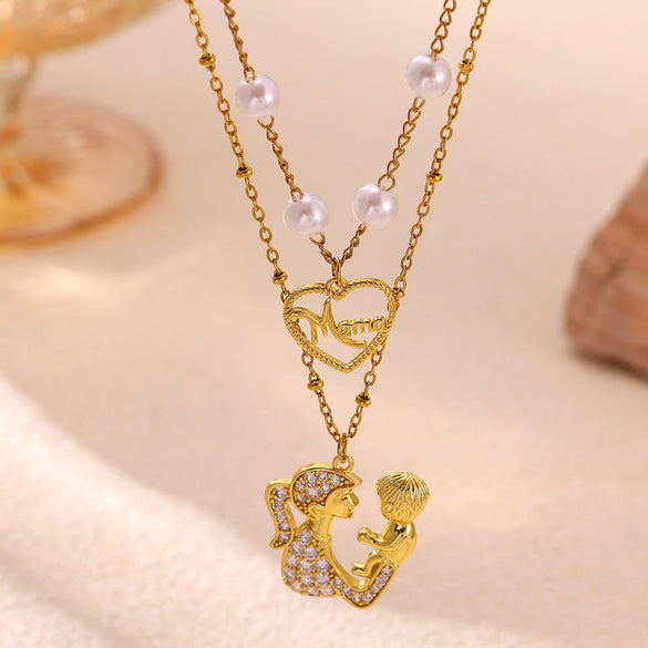 Women's Gold Plated Copper Zircon Pearl Layered Necklace With Doll And Cross Pendants Vintage Palace Style Fashion Jewelry