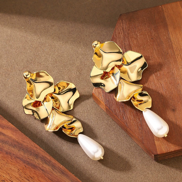 Women's Gold Plated Metal Floral Petal Tassel Earrings With Geometric Water Drop Pearl Design