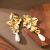 Women's Gold Plated Metal Floral Petal Tassel Earrings With Geometric Water Drop Pearl Design