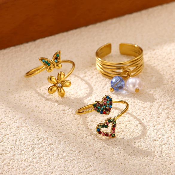 Women's Gold Plated Open Ring With Diamond Heart Butterfly Flower Crystal And Layered Tassel Design
