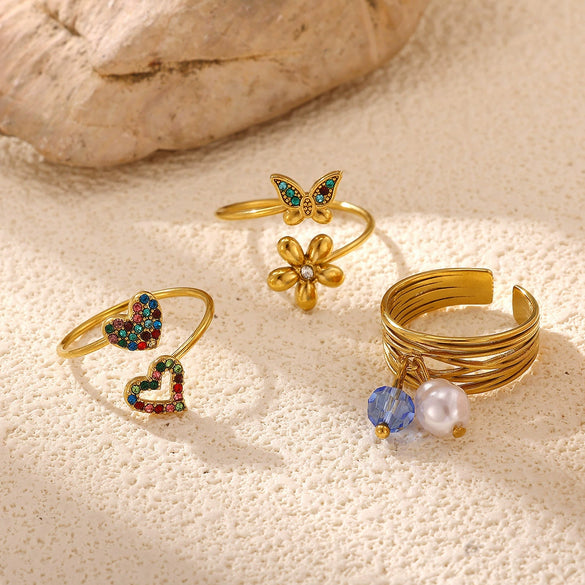 Women's Gold Plated Open Ring With Diamond Heart Butterfly Flower Crystal And Layered Tassel Design
