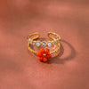 Women's Gold Plated Stainless Steel Adjustable Open Ring With Geometric Floral Pattern And Zircon Detail