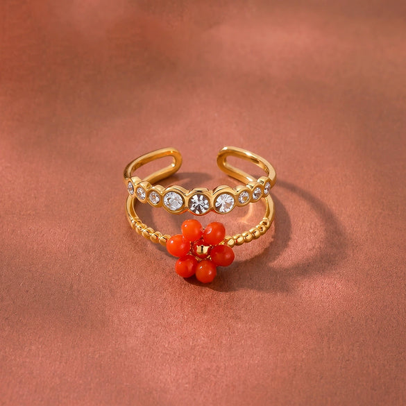 Women's Gold Plated Stainless Steel Adjustable Open Ring With Geometric Floral Pattern And Zircon Detail