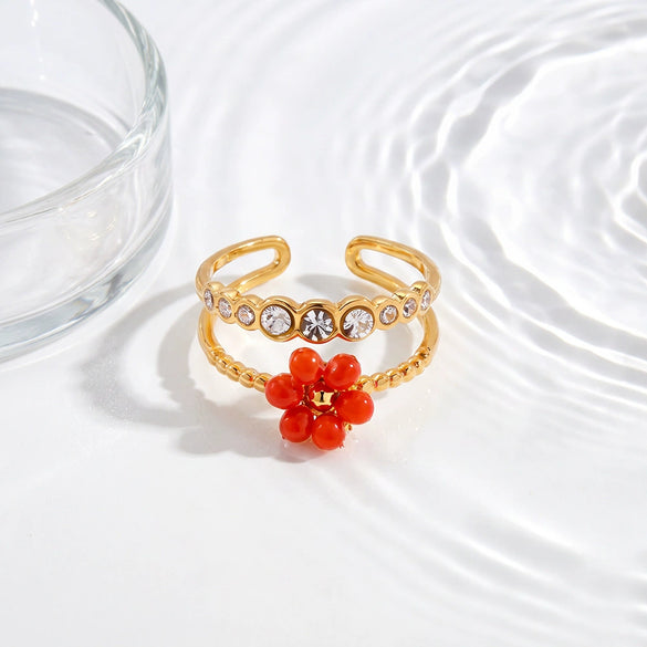 Women's Gold Plated Stainless Steel Adjustable Open Ring With Geometric Floral Pattern And Zircon Detail