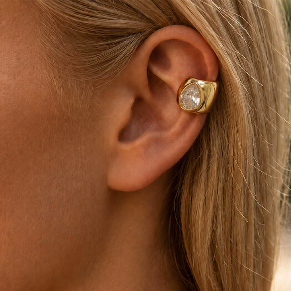 Women's Gold Plated Stainless Steel Cshaped Ear Cuff With Teardrop Zircon Minimalist Design For Unpierced Ears