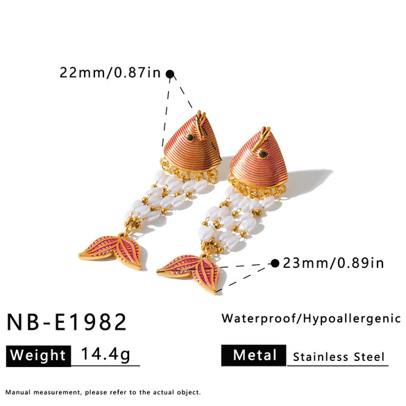 Women's Gold Plated Stainless Steel Enamel Fish Earrings With Rhinestone And Pearl Inlay Geometric Animal Style