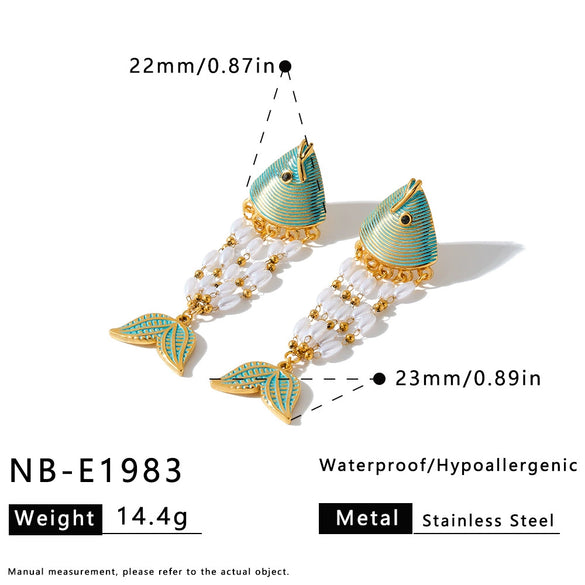 Women's Gold Plated Stainless Steel Enamel Fish Earrings With Rhinestone And Pearl Inlay Geometric Animal Style