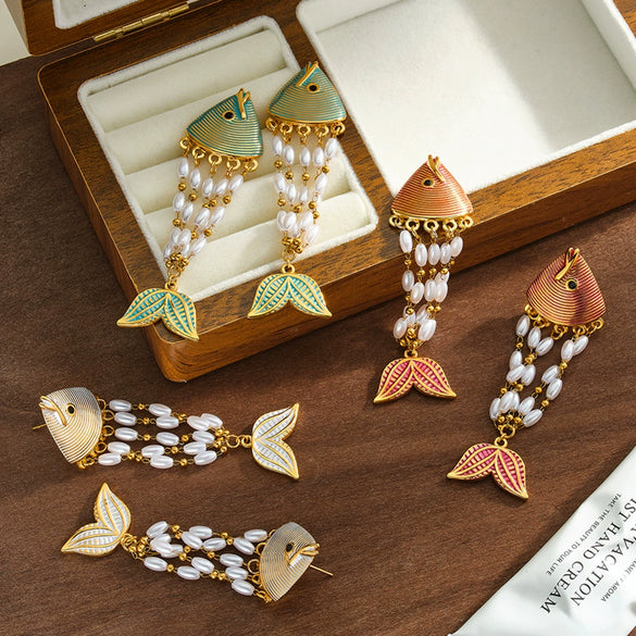 Women's Gold Plated Stainless Steel Enamel Fish Earrings With Rhinestone And Pearl Inlay Geometric Animal Style