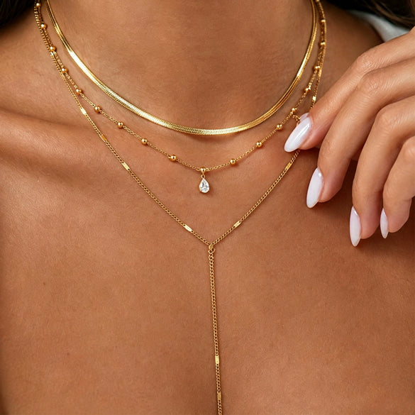 Women's Gold Plated Stainless Steel Layered Necklace With Teardrop Zircon Tassel Round Beads And Snake Chain