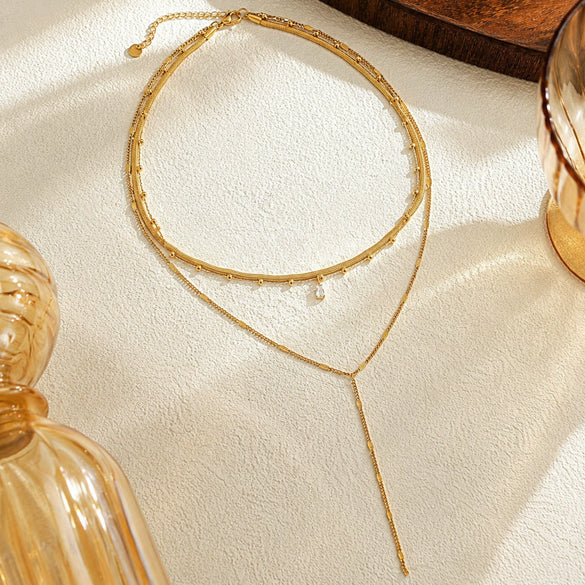 Women's Gold Plated Stainless Steel Layered Necklace With Teardrop Zircon Tassel Round Beads And Snake Chain