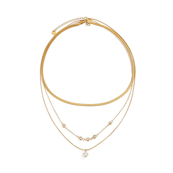 Women's Gold Plated Stainless Steel Layered Snake Chain Necklace With Geometric Teardrop Zircon Pendant