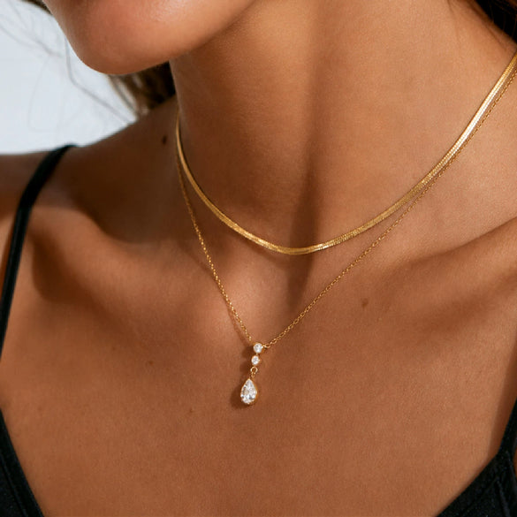 Women's Gold Plated Stainless Steel Layered Snake Chain Necklace With Geometric Teardrop Zircon Pendant