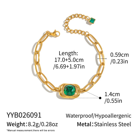 Women's Gold Plated Stainless Steel Necklace And Bracelet Set With Green Geometric Crystal Pendants And Irregular Chains