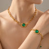 Women's Gold Plated Stainless Steel Necklace And Bracelet Set With Green Geometric Crystal Pendants And Irregular Chains