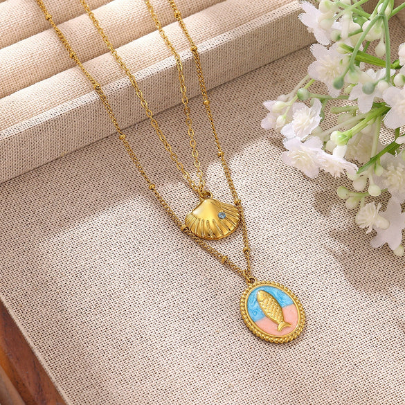 Women's Gold Plated Stainless Steel Necklace With Enamel Scallop Turtle And Fish Pendants Twisted Chain Animal Jewelry