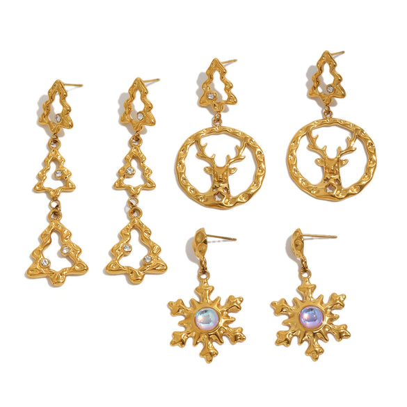 Women's Gold Plated Stainless Steel Reindeer And Snowflake Earrings With Geometric Festive Design And Vacuum Pvd Finish