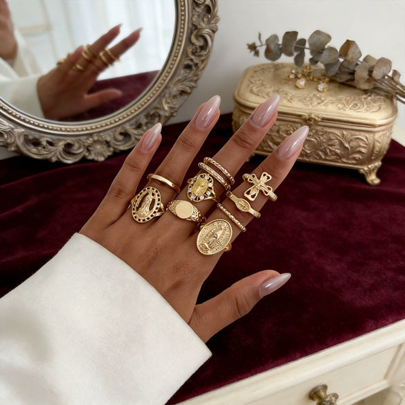 Women's Gold Plated Stainless Steel Ring With Geometric Cross And Camellia Flower Design Smooth Polished Finish
