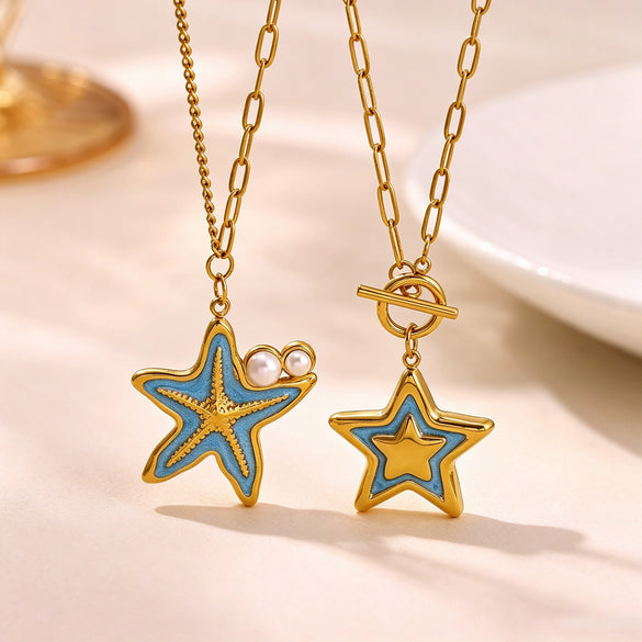 Women's Gold Plated Stainless Steel Star Necklace With Mother Of Pearl And Iridescent Pearl Pendant Long Spliced Chain Jewelry