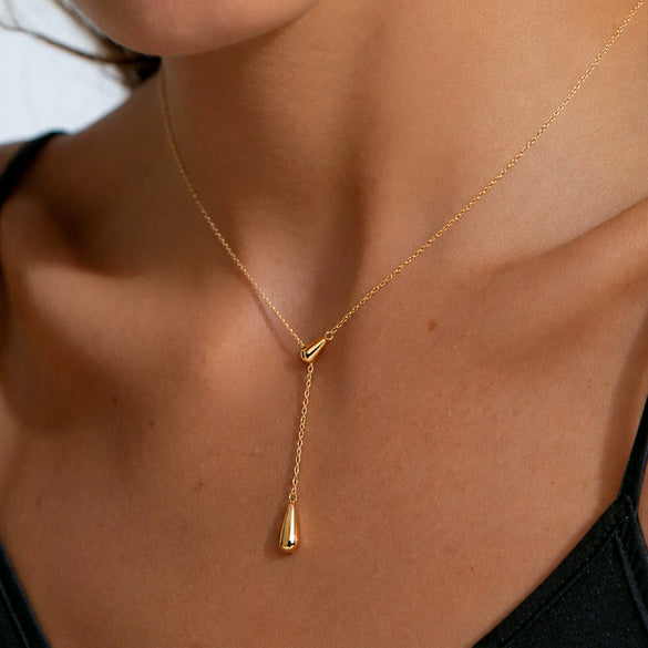 Women's Gold Plated Stainless Steel Teardrop Pendant Necklace With Delicate Chain And Lobster Clasp