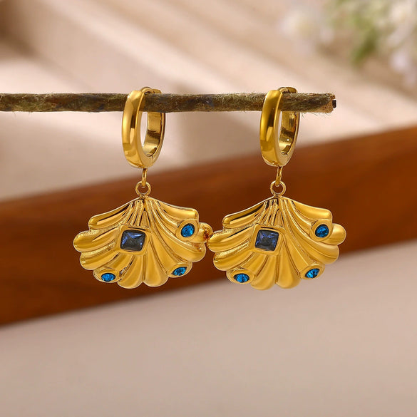 Women's Gold Plated Stainless Steel Wave Earrings With Ocean Inspired Shell Star Pearl And Butterfly Details