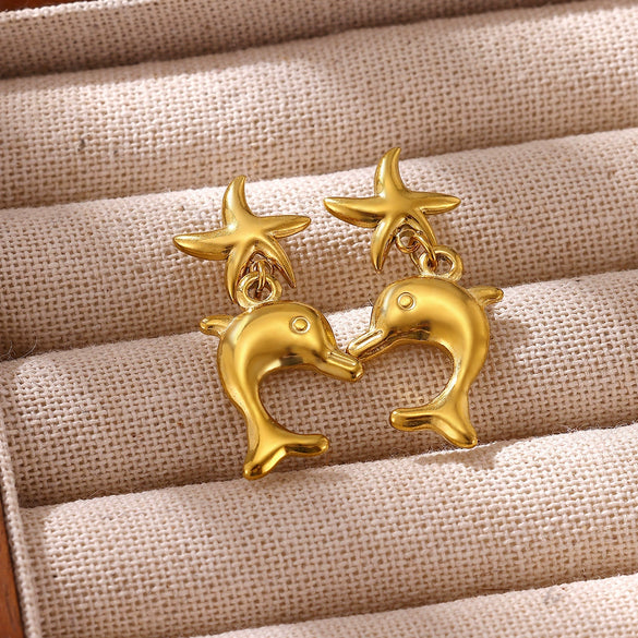 Women's Gold Plated Stainless Steel Wave Earrings With Ocean Inspired Shell Star Pearl And Butterfly Details