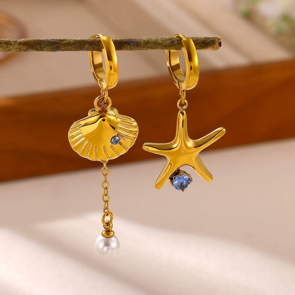 Women's Gold Plated Stainless Steel Wave Earrings With Ocean Inspired Shell Star Pearl And Butterfly Details