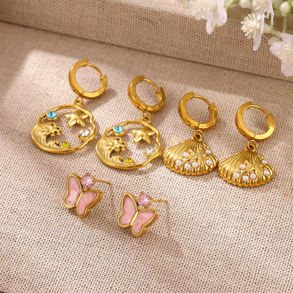 Women's Gold Plated Stainless Steel Wave Earrings With Ocean Inspired Shell Star Pearl And Butterfly Details