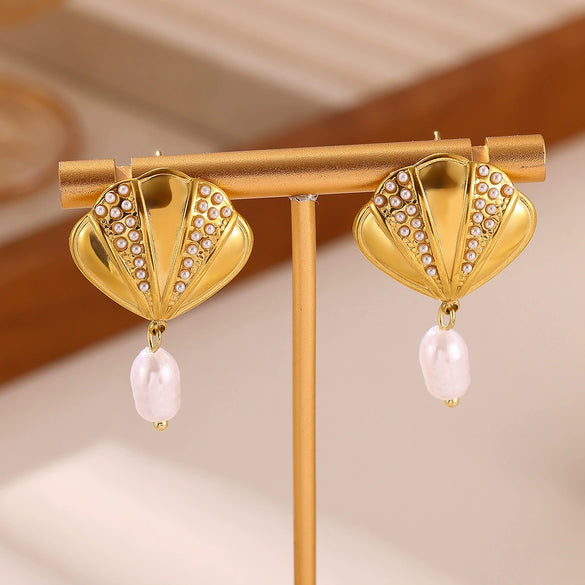Women's Gold Plated Stainless Steel Wave Earrings With Ocean Inspired Shell Star Pearl And Butterfly Details