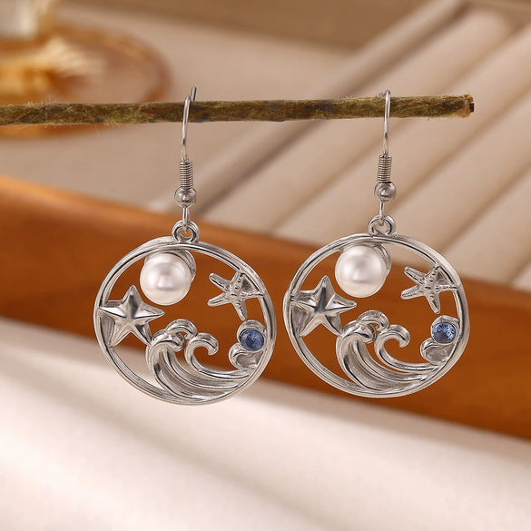 Women's Gold Plated Stainless Steel Wave Earrings With Ocean Inspired Shell Star Pearl And Butterfly Details