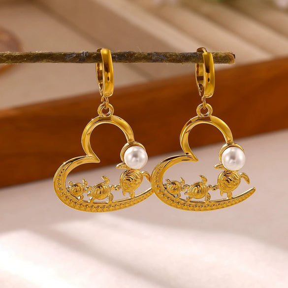 Women's Gold Plated Stainless Steel Wave Earrings With Ocean Inspired Shell Star Pearl And Butterfly Details