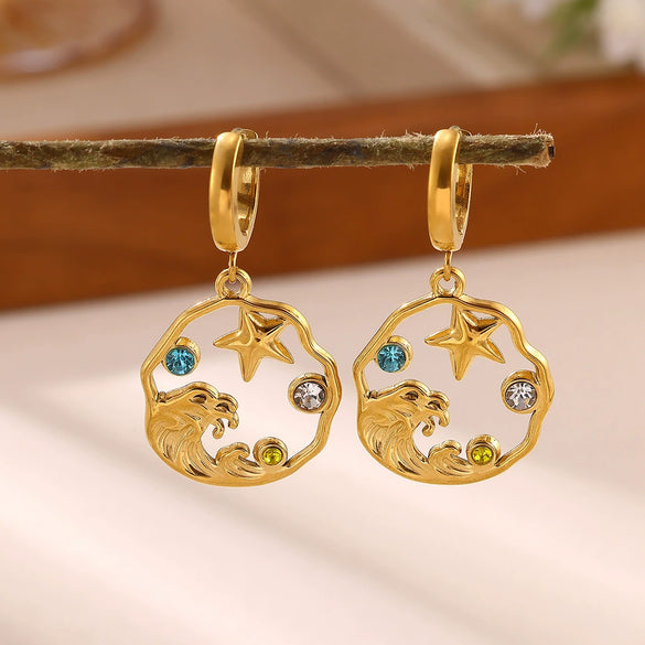Women's Gold Plated Stainless Steel Wave Earrings With Ocean Inspired Shell Star Pearl And Butterfly Details