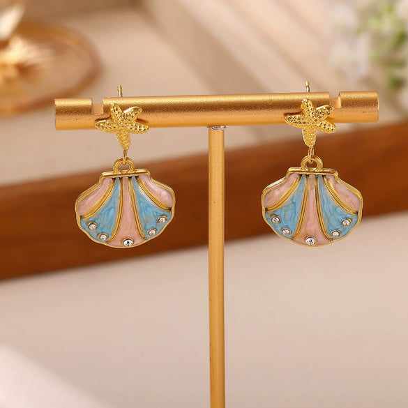 Women's Gold Plated Stainless Steel Wave Earrings With Ocean Inspired Shell Star Pearl And Butterfly Details