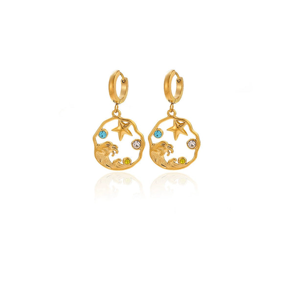 Women's Gold Plated Stainless Steel Wave Earrings With Ocean Inspired Shell Star Pearl And Butterfly Details