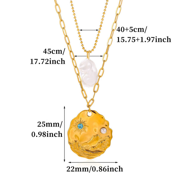 Women's Gold Plated Titanium Steel Double Layer Pendant Necklace With Faux Pearl Moon Sun Heart And Zircon Geometric Charms