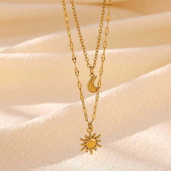Women's Gold Plated Titanium Steel Double Layer Pendant Necklace With Faux Pearl Moon Sun Heart And Zircon Geometric Charms