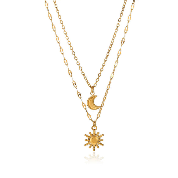 Women's Gold Plated Titanium Steel Double Layer Pendant Necklace With Faux Pearl Moon Sun Heart And Zircon Geometric Charms