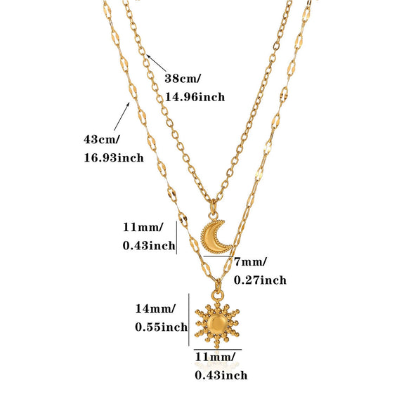 Women's Gold Plated Titanium Steel Double Layer Pendant Necklace With Faux Pearl Moon Sun Heart And Zircon Geometric Charms