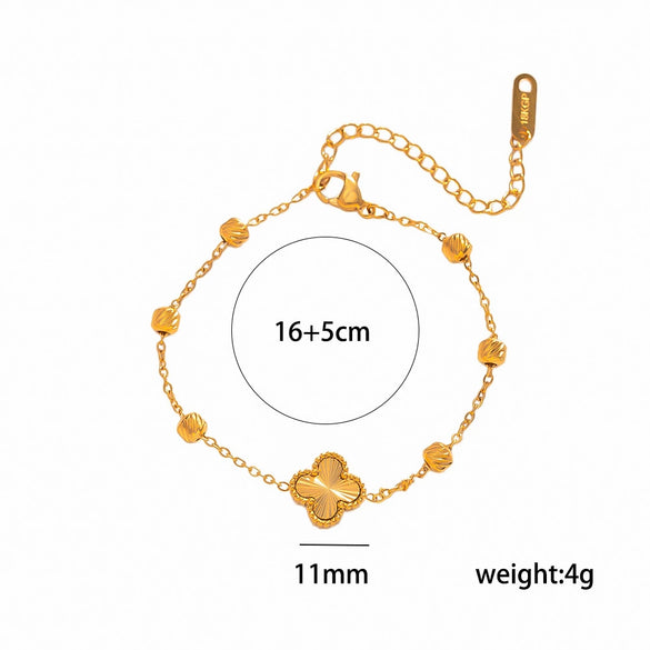 Women's Gold Plated Titanium Steel Four Leaf Clover Bracelet With Laser Engraved Detail