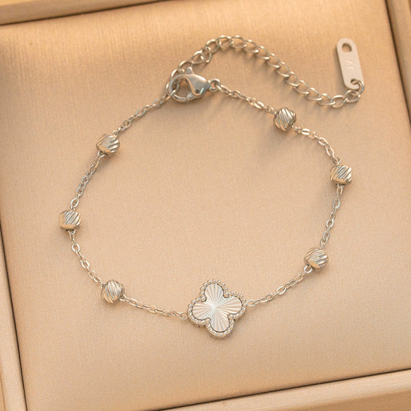 Women's Gold Plated Titanium Steel Four Leaf Clover Bracelet With Laser Engraved Detail