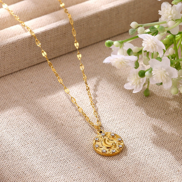 Women's Gold Plated Titanium Steel Star And Moon Relief Round Pendant Necklace With Retro Fashion Styling