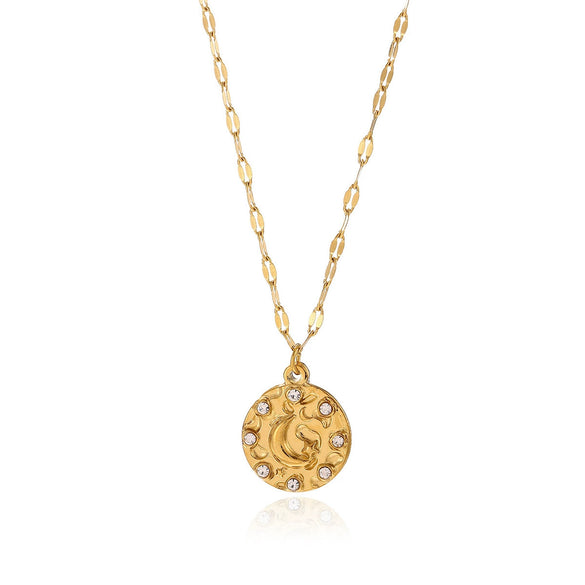 Women's Gold Plated Titanium Steel Star And Moon Relief Round Pendant Necklace With Retro Fashion Styling