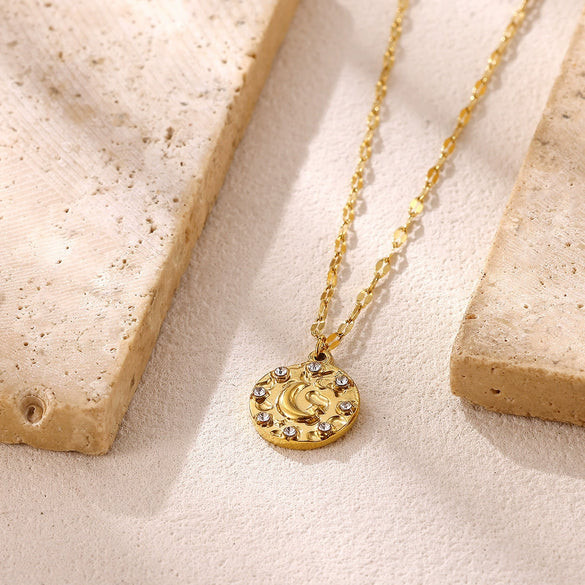 Women's Gold Plated Titanium Steel Star And Moon Relief Round Pendant Necklace With Retro Fashion Styling