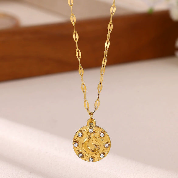 Women's Gold Plated Titanium Steel Star And Moon Relief Round Pendant Necklace With Retro Fashion Styling