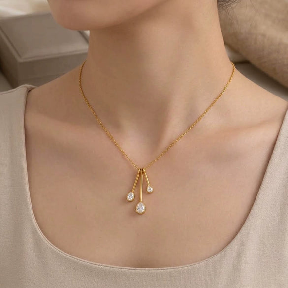 Women's Gold Pvd Plated Stainless Steel Clavicle Necklace With Irregular Tassel Teardrop Cubic Zirconia Pendant And Lobster Clasp