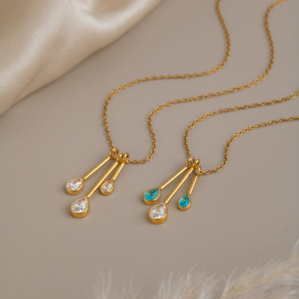 Women's Gold Pvd Plated Stainless Steel Clavicle Necklace With Irregular Tassel Teardrop Cubic Zirconia Pendant And Lobster Clasp