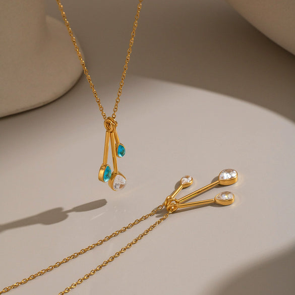 Women's Gold Pvd Plated Stainless Steel Clavicle Necklace With Irregular Tassel Teardrop Cubic Zirconia Pendant And Lobster Clasp